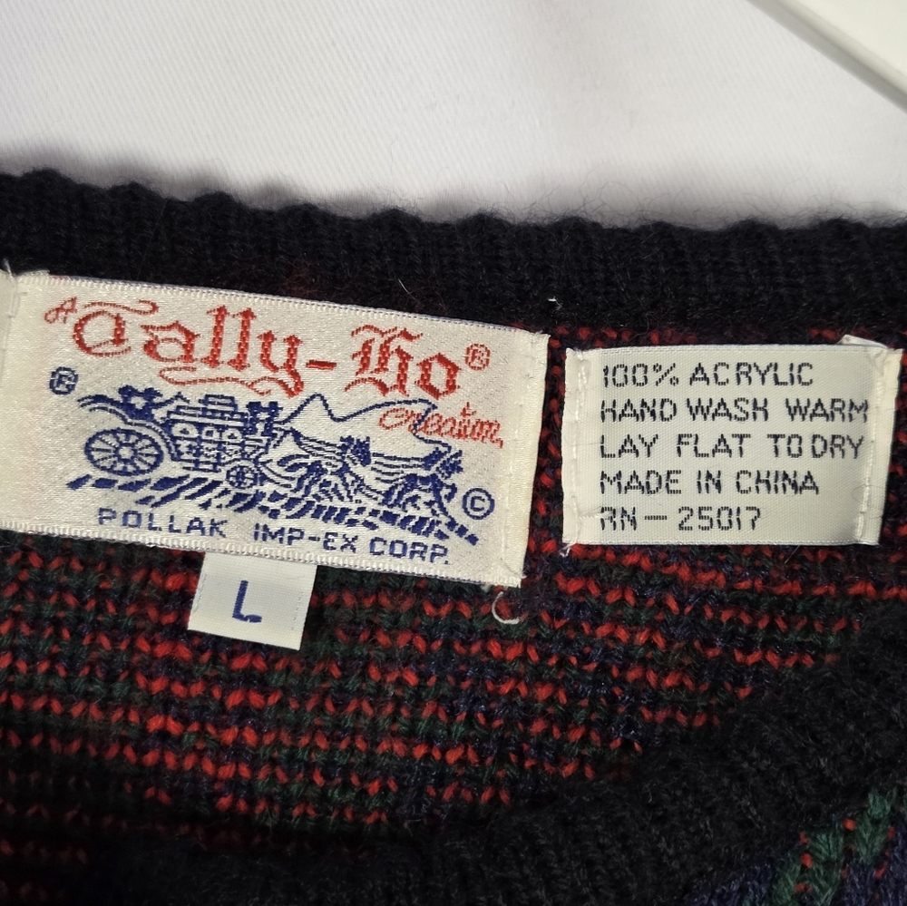 Vintage Tally Ho Cardigan Sweater Womens L Green Red Plaid Long Sleeve - Picture 4 of 6